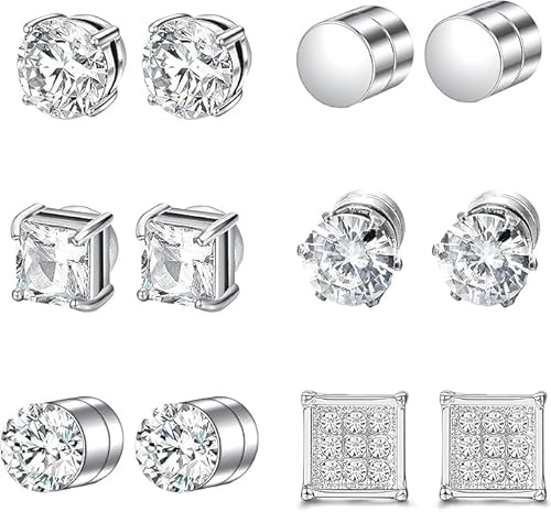 Lot de 6 Boucle D'Oreille Homme Aimant,Boucle D Oreille Aimant Homme, 6 mm, en acier inoxydable, couleur unie, argent