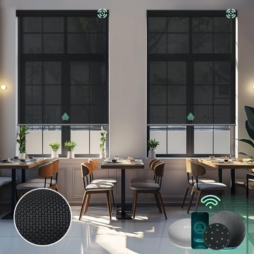 Yoolax Motorized Solar Shade Romote Control Light Filtering Roller Blinds Transparent Sight Auto Window Blinds (Black)