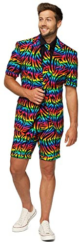 OppoSuits Herren Men Suit Business-Anzug Hosen-Set Inklusive Shorts, Kurzarmjacke & Krawatte, Wild Rainbow, 58 EU