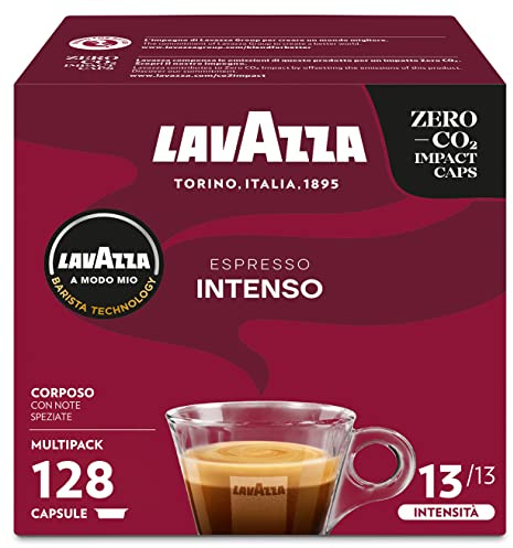 Lavazza A Modo Mio Espresso Intenso, 128 Capsule Caffè, per un Espresso con Note di Cacao e Spezie, Arabica e Robusta, Intensità 13/13, Tostatura Media, 8 Confezioni x 16 Capsule [Esclusiva Amazon]