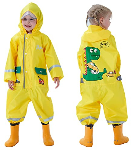Baogaier Rainsuit Toddler Waterproof Puddle Suit All in One Hooded Lightweight Portable One Piece Rainwear Muddy Suit with Reflective Stripe for Child Boy Girl Age 1-2 Years, Yellow Dinosaur