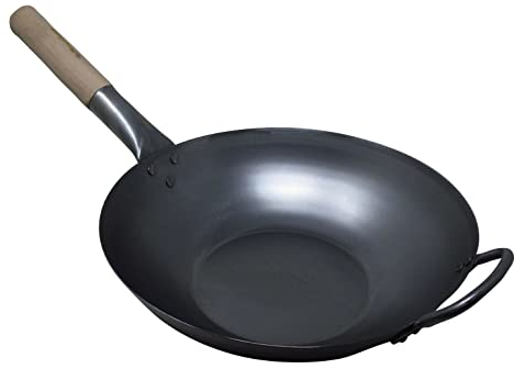 AuraHome VG Commercial Grade Authentic Carbon Steel Wok Heavy Duty Traditional Hand Crafted Strong Wooden Handle & Steel Helper Handle Round or Flat Bottomed Wok Ring (12 Inch (30cm) Flat Base)