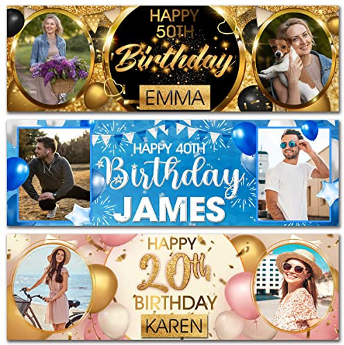 2 personalised birthday banner photo gold black party decoration balloon celebration anniversary -18th 20th 30th 40th 50th birthday man woman kids gift