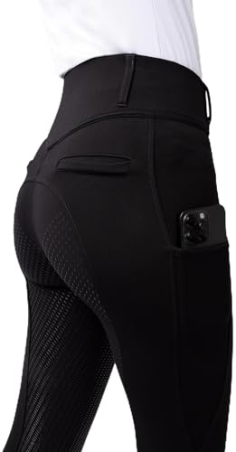 HORZE Reithose Damen Mira, Reitleggings mit Handytasche, Gürtelschlaufen und Vollbesatz, Schwarz, 40