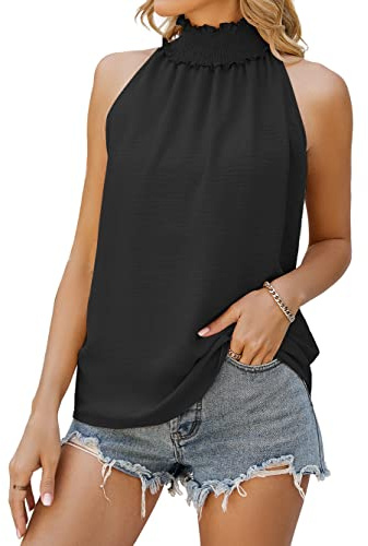 Famulily Smocked Ruffle Neck Sleeveless Top for Women Stylish Causal Tank Top Black XXL