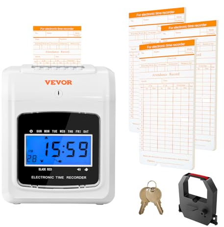 VEVOR Stempeluhr Stechuhr Zeiterfassung 102 Stempelkarten, Elektronisches Stempeluhr inkl. 2 Schlüssel + 1 Band, Weiße Elektronische Wandmontierte Stechuhr für Kleinbetriebe, Büros Fabriken usw.