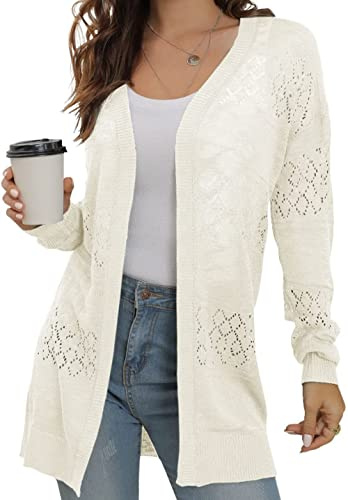 GRECERELLE Summer Cardigans for Women UK Lightweight Lace Hollow Out Knit Soft Long Sleeve Open Front Beach Coverups Ladies Solid Color Sun Protection