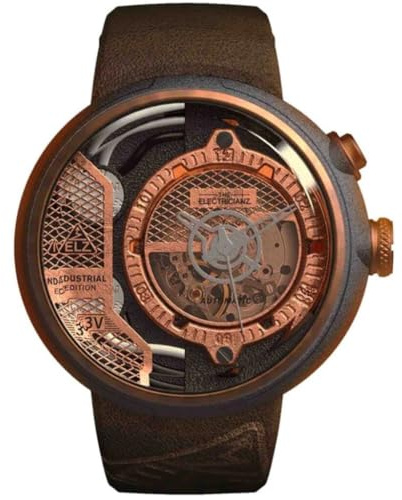 The Electricianz Copper X - ZZ-D1C/02-CLC - Montre pour homme avec système d'éclairage LED breveté, design suisse, boîtier en acier inoxydable de 46-47 mm, bracelet en cuir marron, Cadran cuivre et