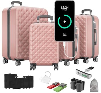 Onbest Premium Kofferset 4-TLG – Reisekoffer mit TSA-Lock, USB-Anschluss – Plus 1x Kofferwaage, 2X Koffergurt, 4X Adresshänger, 1x Getränkehalter, 1x Schuhbeutel, 4X Staubschutzhüllen