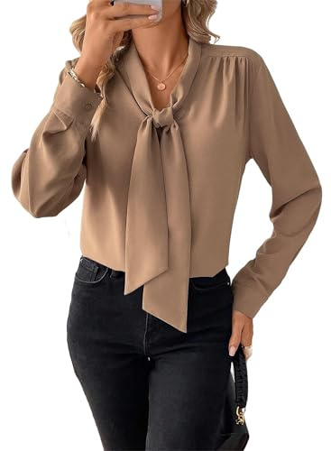 Blusa de manga larga para mujer, cuello con lazo y lazo, elegante, blusa informal para oficina y trabajo (color camello, M)