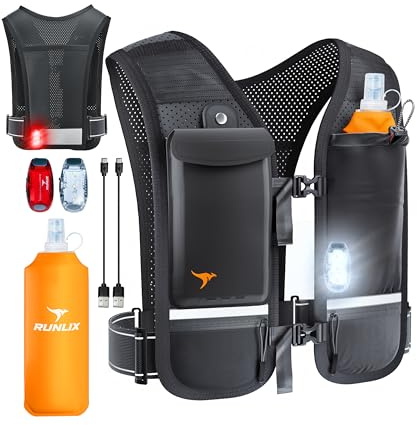 RUNLIX Running Vest for Women Men - Reflective Running Hydration Vest with 500ml Soft Water Bottle, Phone Holder, 2 LED Lights USB Rechargeable - 7 Pockets Runners Backpack Trail Jogging Marathon