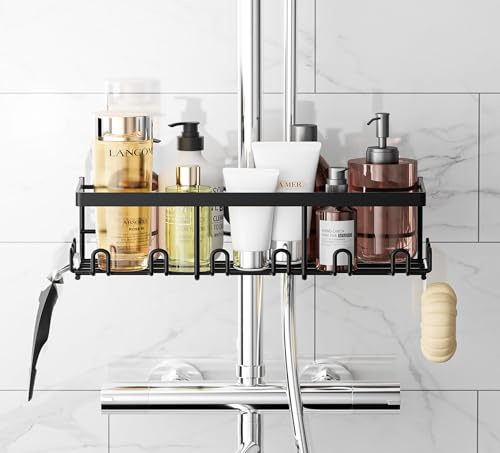 HouseUp Duschablage Ohne Bohren, Duschregal für Duschstangen (18mm-25mm) - Ideal für Shampoo und Badezimmerorganisation (Schwarz)