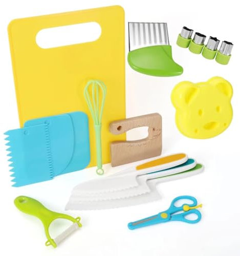 CUPERINOX Kit Cocina Montessori | Cuchillos Niños Aprendizaje +2 Años | Set Completo de Cuchillos Infantiles de 17 Piezas | Incluye Tijeras, Moldes, Batidor, Tabla y Cuchillo Seguro
