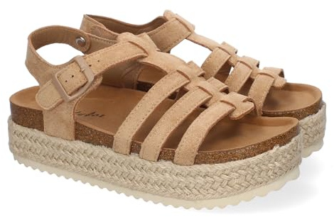 shoes&blues.es 92213 Sandalias con Plataforma de Yute para Mujer, Comodas y Elegantes, Diseno Moderno con Tiras Cruzadas y Cierre de Hebilla Ajustable. Kaki Talla 38