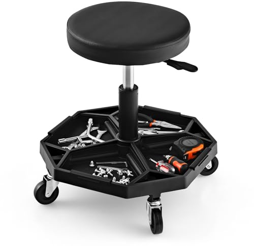 GYMAX Tabouret d'Atelier à roulettes, Charge Max 150 kg (Noir) | Siège de Mécanicien avec Plateaux à Outils, Hauteur Réglable 41-55cm, Siège Pivotant 360° Confortable, pour Garage