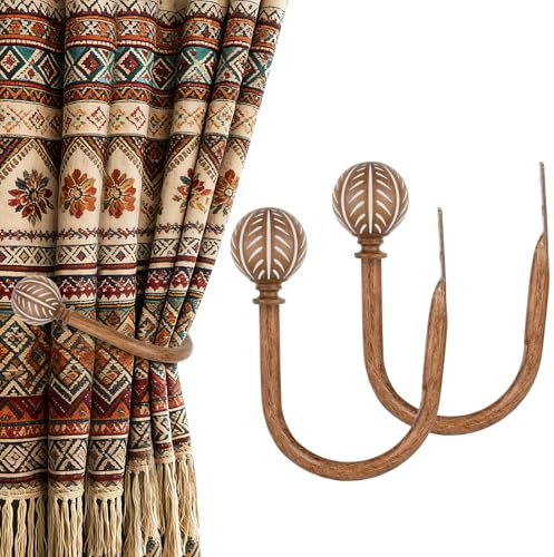 KAMANINA Curtain Holdbacks 2pcs,Imitation Wood Curtain Tiebacks Wall Mounted Curtain Hooks, Holders for Drapes with Leaf Pattern Finials, Wood Grain