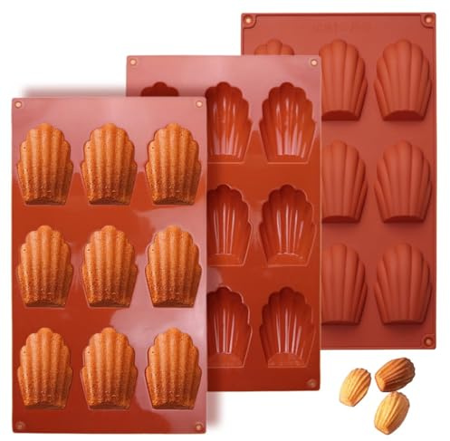 3 teglie da forno per madeleine, 9 cavità, 28,8 x 16,9 cm, in silicone, antiaderenti, stampi per madeleine, stampi in silicone a forma di conchiglia, per torte al cioccolato, caramelle, biscotti