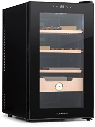 Klarstein El Presidente humidor de puros - humidificador de puros termoeléctrico, puerta de cristal, estantes de madera de cedro, higrómetro, luz interior LED, 48 litros, negro