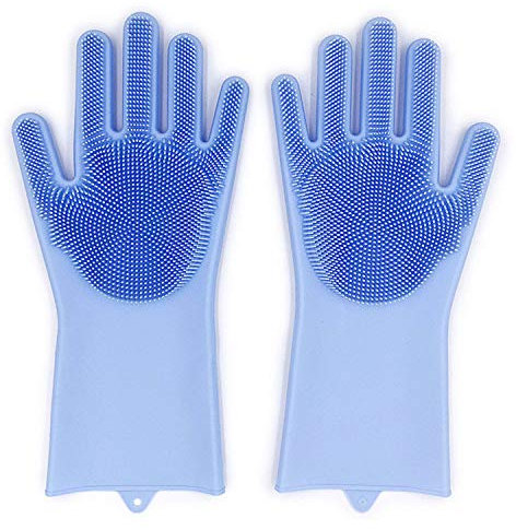 Geschirrhandschuhe, Silikon Spülhandschuhe mit Wash Scrubber Reinigungshandschuhe,Kitchen Gloves,Magische Handschuhe,Silikonhandschuhe für Küche, Abwasch, Tierpflege, Bad, Autowäsche (Hellblau)