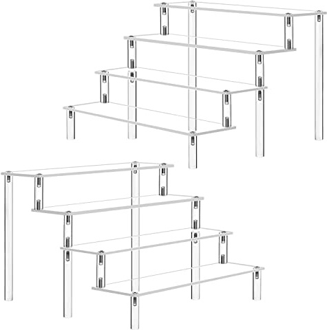 Acrylic Riser Clear Display Risers Stand Cologne Organizer Acrylic Shelves 4 Tier Shelf for Amiibo Funko Figures Toys Cupcake Food Desserts Perfume Collection Cosmetic Jewelry Makeup Product(2 PACK)