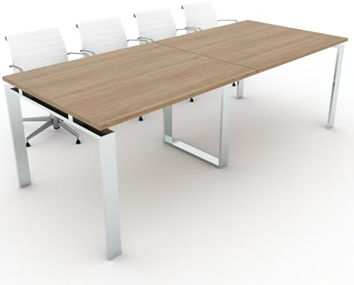 Mesa con Estructura metálica Marco Abierto Efecto Cromo de 240x100, con pata retranqueada y Tablero melaminado Ideal para Sala de Juntas, reuniones, conferencias (Roble)