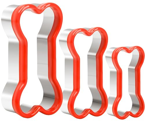 Bone Cookie Cutters Set, 3 PCS Dog Bone Biscut Cutters Set Stainless Steel with Red Environmental PVC for DIY Baking Fondant Cake Molds Dog Treats - 3.9/3.1/2.4IN