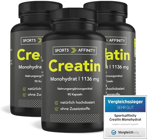 Sports Affinity® Creatin Monohydrat Kapseln, 3408 mg Kreatin pro Tagesdosis - Optimal Hochdosiert - Geschmacksneutral - Ohne Zusatzstoffe - Made in Germany - 270 Kapseln für 3 Monate