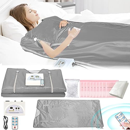 Couverture Sauna Infrarouge, 2 Zones Avec Fermeture éclair 100 Bonnets Douche 10 Sacs Bain Sauna Thérapeutique Détox Couverture Sauna Oxford Portable Télécommande Couverture Chauffante Gris