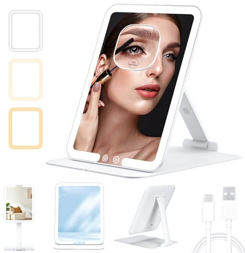 SHEDALED Travel Makeup Mirror with Light, Portable Folding Make Up Tabletop Mirror with 3 Colors Light Modes & 10X Magnifying Mirror, Rechargable Vanity Mirrors with Adjustable Stand