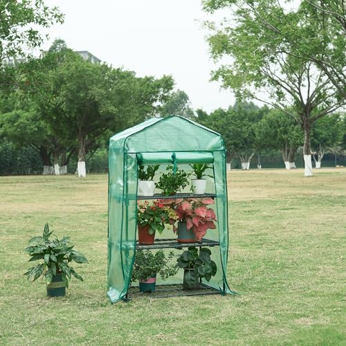 [en.casa] Greenhouse Chaam foil greenhouse with 3 shelves Greenhouse with roll-up door Tomato greenhouse Lean-to greenhouse for balcony garden terrace 125x69x49cm Green