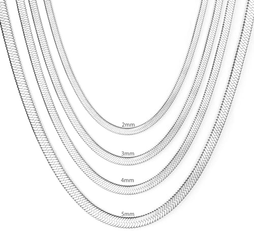 JoyasMinerales Collar Cadena Acero Inoxidable Serpiente Plana Mujer - Plata, Oro, Negro o Oro Rosa - 2mm/3mm/5mm Ancho - 45-55cm Largo - Con Caja de Joyería (Plata 5mm, 45.00, Centímetros)