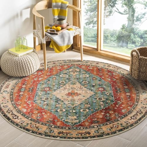 Nyescasa Runder Teppich Wohnzimmer Schlafzimmer Vintage Boho Kurzflor Teppich Weich Waschbar rutschfest Runder Teppiche für Kinderzimmer Esszimmer Outdoor, Rot, Rund 160 cm