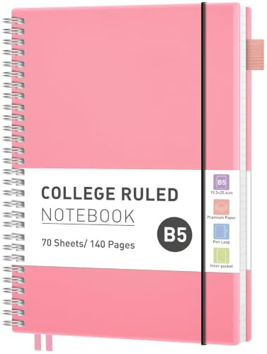 RETTACY B5 Spiral Notebook, Lined Journal, Notepad, 140 Pages, Pink