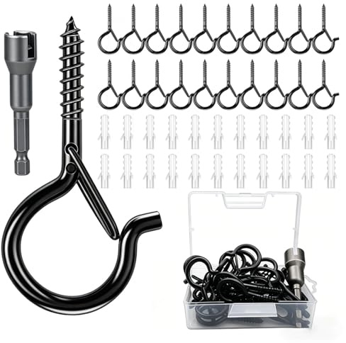 Lonsien Crochets à visser noirs, pitons de plafond lot de 20 | Acier antirouille, boucle de sécurité, pour pots, lanternes et décorations