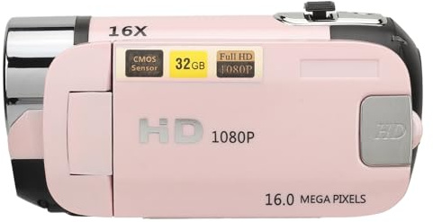 Cámara Digital HD 1080P 16MP Videocámara con Pantalla Giratoria de 2,4 Pulgadas Grabadora con Zoom 16X Luz de Relleno (Rosado)