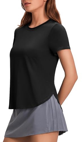 PINSPARK Gym Tops Women Short Sleeve Crew Neck UPF 50+ UV Shirt Ladies Yoga Workout Shirt Casual Lightweight Quick Dry Shirts Fitness Sport Clothes L Black