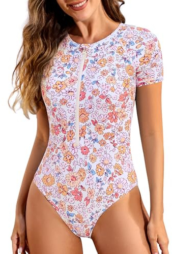 Tuopuda Bañadores Mujer Reductor Trajes de Baño Una Pieza de Cremallera Frontal Barriga Monokini con Almohadillas Vintage Impresión Slim Fit Bañador Natacion Surf Swimwear, Rosa, S
