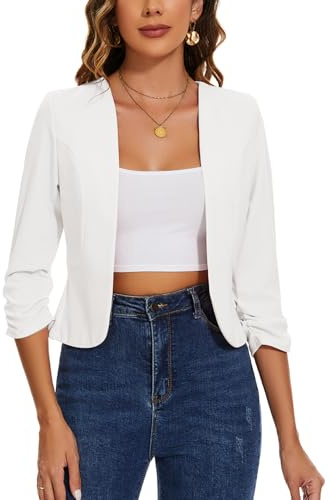 LADI TREND Womens Cropped Blazer 3/4 Ruched Sleeve Jacket Blazers Casual Lapel Suit Open Front Cardigan (White L)