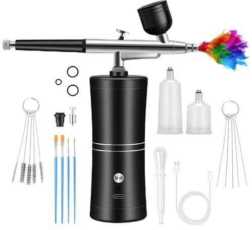 GOEDCH AirBrush Set con compresor: pistola de aerógrafo de mano multifunción, aerógrafo portátil recargable para maquillaje, diseño de uñas, decoración de pasteles, modelado de tatuajes y pintura de