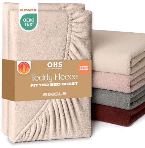 Brentfords 2 Pack Fitted Sheet Single, Soft Warm Thermal Teddy Fleece Fitted Sheet Deep Pocket 25cm Fade Resistant Cuddly Cosy Fluffy Teddy Bear Bedding 2 Pack, Latte Taupe - Single