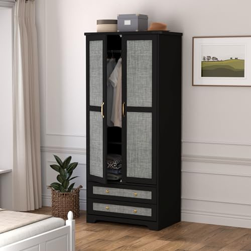Brafab Armoire Wardrobe Closet with 2 Rattan Doors, 71 Farmhouse Tall Freestanding Coat Closet Wardrobe Cabinet with Drawers and Hanging Rail, Wooden Armoire Storage Cabinet with Shelf for Bedroom