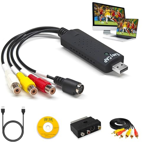 HASHUQI Convertidor VHS a Digital, Convertidor de Audio RCA a USB, USB 2.0 Audio Video Grabber Capturadora, Convierte VHS a Digital de VHS VCR Mini DV Hi8 VCR DVD para PC/Mac