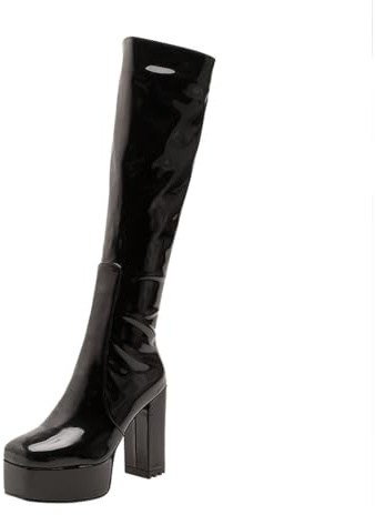TNMIUH Botas Altas Charol 11,5 cm Tacón Ancho Plataforma Gogo Blanco | Botas altas de charol con tacón ancho de 11,5 cm y plataforma para fiesta retro de los 70, club y moda de noche.