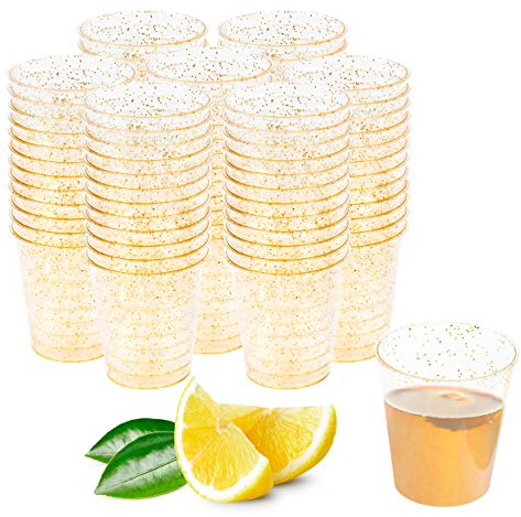 MATANA 150 Schnapsgläser aus Plastik mit Goldglitter, 3cl - Pinnchen Kunststoff, Shotgläser Gold, Shot Becher, Schnapsbecher, Plastikbecher - Party Zubehör - Stabil & Mehrweg