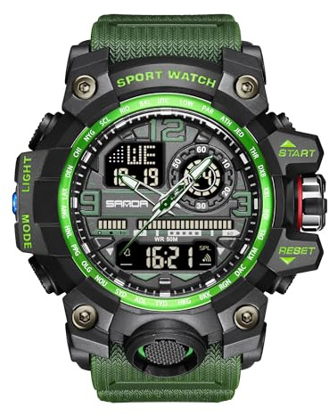 KXAITO Orologio da uomo sportivo per attività all'aperto, impermeabile, militare, con data, multifunzione, tattiche, LED, sveglia, cronometro, per uomo (3133_verde), 3133_Verde, Large, Militare