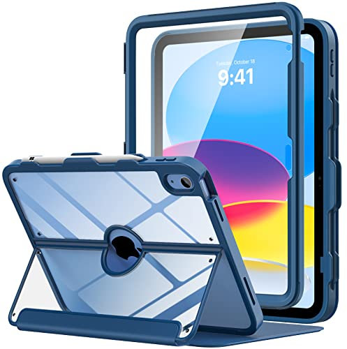 MoKo for iPad 11-inch (A16) 11th Generation Case 2025/ iPad 10th Generation Case with Pencil Holder 2022 10.9 inch, Built-in Screen Protector Clear Back, Multi Angle Viewing Stand, Navy Blue