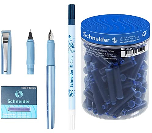 Schneider, Ceod Shiny, set da scrittura con penna stilografica, penna a sfera, per destrorsi e mancini, pennino M, inclusa ricarica di inchiostro blu oltremare & P006803 Flacone da 100 Cartucce