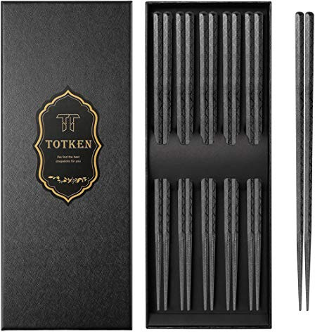 TOTKEN Chopsticks, 5 Pairs Reusable Black Dishwasher Safe Non-Slip Chopsticks with Gift Box (Rocket)
