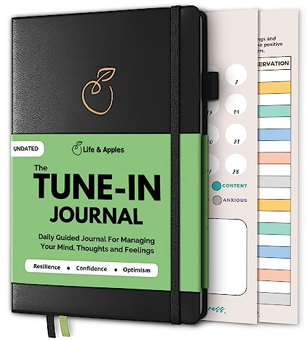 Liv och äpplen tune-in-journal: dagbok för psykisk hälsa för ångest- och stressavlastning - kultivera positivitet och självvård - guidad ångestdagbok med uppmaningar, svart