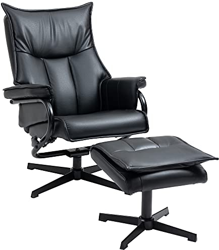 HOMCOM Relaxsessel mit Hocker, drehbarer Ruhesessel, TV-Sessel mit Liegefunktion, Fernsehsessel mit neigbarer Rückenlehne, für Wohnzimmer, Büro, Kunstleder, Stahl, Schwarz